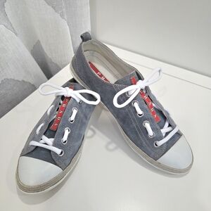Authentic Prada Linea Rossa Grey Suede Espadrille Sneakers 37.5 3E538